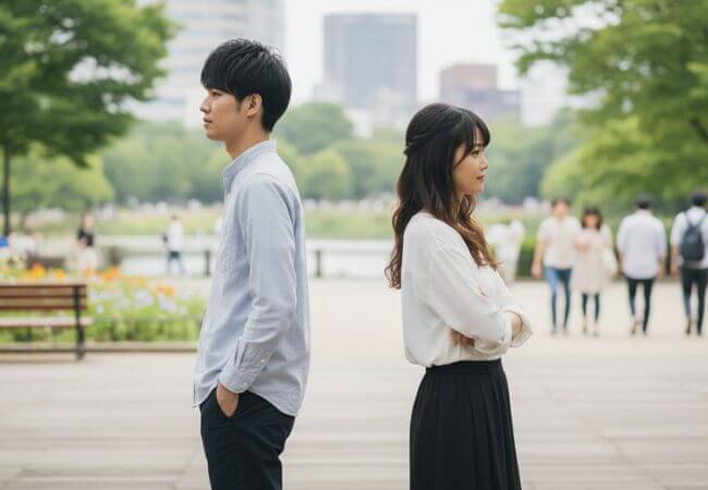 ぎこちない男女二人。それぞれ何か悩んでいるような様子を表したイメージ画像です。