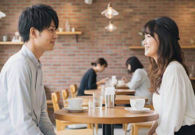 神戸の結婚相談所Aimarryのカフェで気軽な雰囲気でお見合いする二人のイメージ画像です。