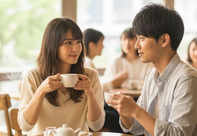 結婚相談所のプレ交際中にカフェでデートをしてお互いの価値観などを話し合っている二人のイメージ画像です。