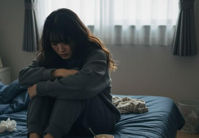 真剣に付き合っていた男性が実は既婚者だったと知り、落ち込んで自分を責めている女性のイメージ画像です。