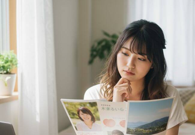 各社のパンフレットを見ながら、結婚相談所をどこに入会するべきか悩んでいる女性のイメージ画像です。