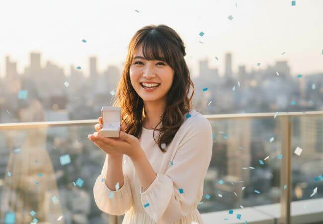 婚約指輪を貰い、プロポーズを受けてこれまでの憂鬱が嘘だったかのように嬉しい気持ちで喜ぶ女性のイメージ画像です。