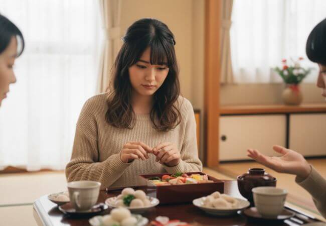 2026年お正月の帰省で結婚をしていないことを指摘されて帰省が憂鬱な女性のイメージ画像です。