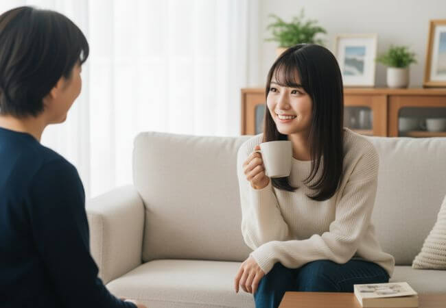 母親と楽しそうに話し、婚活についても親に共有することで親を味方につけている女性のイメージ画像です。