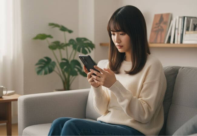 マッチングアプリで婚活をしていて、次々とスワイプして理想の男性を探している女性のイメージ画像です。