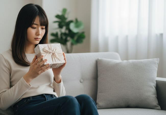 付き合う前の異性にバレンタインを渡すべきかどうか悩む女性のイメージ画像です。