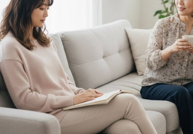 結婚相談所への入会を検討する女性と、娘を心配そうに見つめる母親のイメージ画像です。