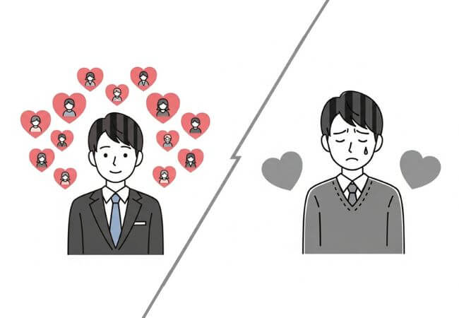 結婚相談所で成婚できる男性と成婚できずに退会する男性のイメージ画像です。