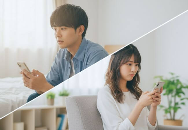 初デートの後、お互い連絡を待っている様子の男性と女性のイメージ画像です。