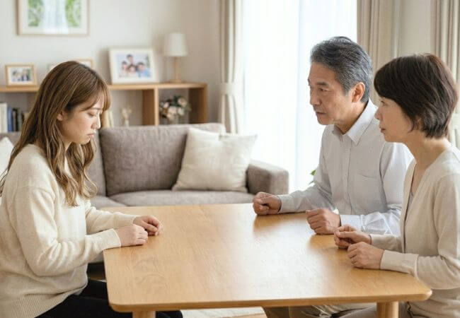 両親と話す婚活中の女性のイメージ画像です。