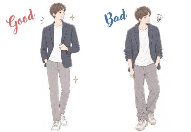 男性の婚活デート服について、同じ服装でもサイズや清潔感で印象が違うことのイメージ画像です。